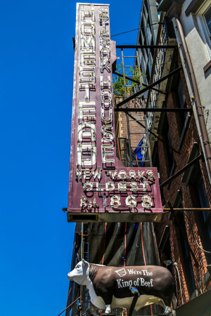 NEW YORK - JUNE 12, 2016: The Old Homestead Steakhouse in Meatpacking District in Manhattan. The restaurant established in 1868 is the oldest continuously operating steakhouse in the United Statesのeditorial素材