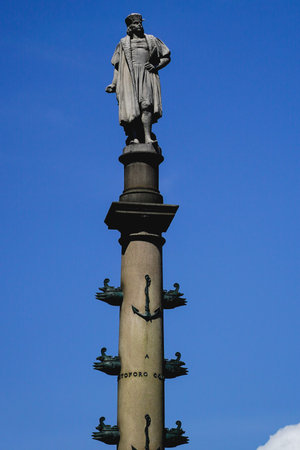 Statue of Christopher Columbus in New York City. NYPD guards Columbus Circle in Manhattan as this...