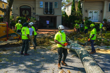 BROOKLYN, NEW YORK - AUGUST 9, 2020: New York City Parks crew works to remove a fallen tree and...