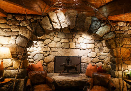 LAKE PLACID, NEW YORK - AUGUST 3, 2020: Interior in the award-winning Lake Placid Lodge. It is the only hotel located directly on the shores of Lake Placidのeditorial素材