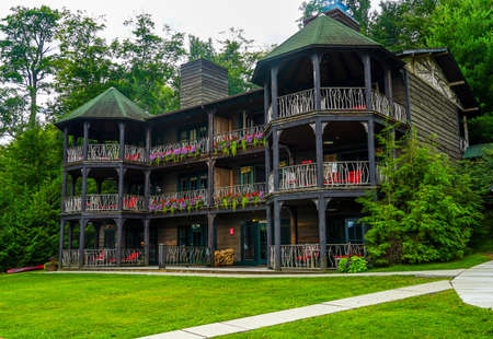 LAKE PLACID, NEW YORK - AUGUST 3, 2020: Award-winning Lake Placid Lodge. It is the only hotel located directly on the shores of Lake Placidのeditorial素材