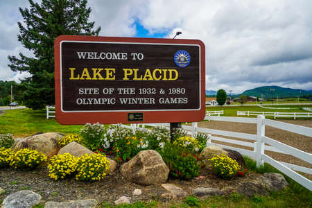 LAKE PLACID, NEW YORK - AUGUST 3, 2020: Welcome Sign in Lake Placid, the site of the 1932 and 1980 Olympic Winter Games in Adirondack Mountains, Upstate New York, USAのeditorial素材