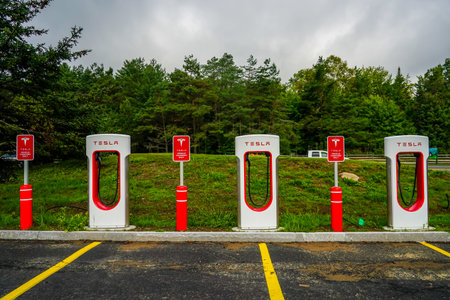LAKE PLACID, NEW YORK - AUGUST 22, 2020: Tesla Supercharger station in Lake Placid, New York