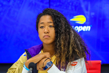 NEW YORK - SEPTEMBER 2, 2019: Grand Slam Champion Naomi Osaka of Japan during press conference after her 2019 US Open round of 16 match at Billie Jean King National Tennis Centerのeditorial素材