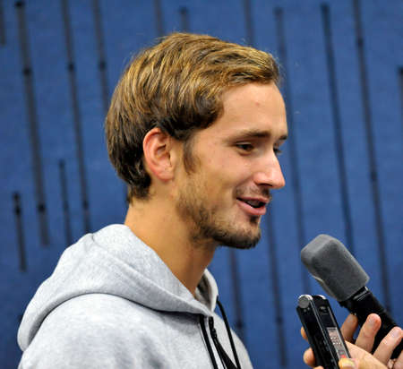 NEW YORK - SEPTEMBER 8, 2019: Professional tennis player Daniil Medvedev of Russia during press conference after his 2019 US Open semifinal match at Billie Jean King National Tennis Centerのeditorial素材