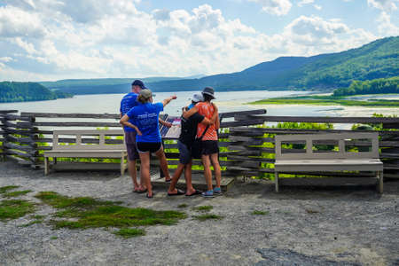 TICONDEROGA, NEW YORK - AUGUST 23, 2020: Tourists at the historic  Fort Ticonderoga in Upstate New York. Fort Ticonderoga, formerly Fort Carillon, is a large 18th-century star fort built by the Frenchのeditorial素材