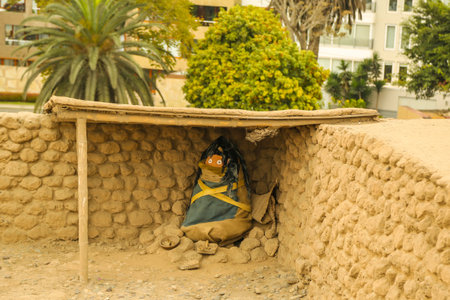 LIMA, PERU - SEPTEMBER 29, 2016: Famous mummies museum at the Huaca Huallamarca archaeological site...