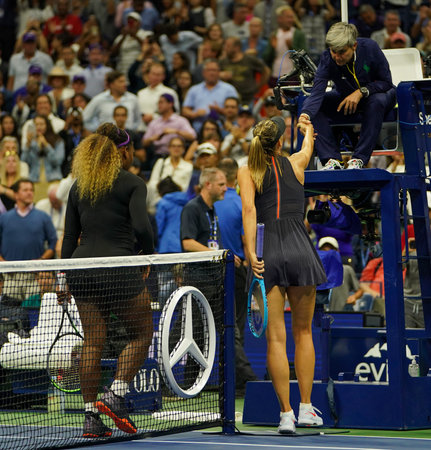 NEW YORK - AUGUST 26, 2019: Grand Slam Champion Maria Sharapova of Russia congratulates Serena...
