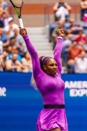 NEW YORK - SEPTEMBER 1, 2019: Grand Slam champion Serena Williams celebrates victory after her 2019 US Open round of 16 match at Billie Jean King National Tennis Centerのeditorial素材