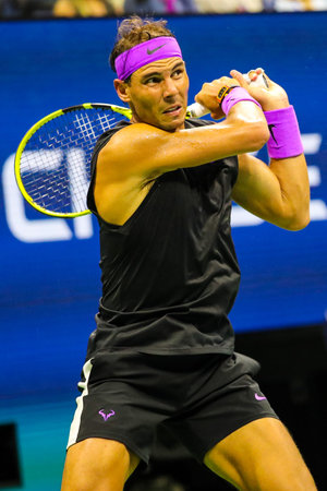 NEW YORK - AUGUST 27, 2019: 18-time Grand Slam champion Rafael Nadal of Spain in action during his 2019 US Open first round match at Billie Jean King National Tennis Center in New Yorkのeditorial素材