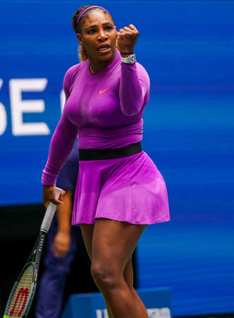 NEW YORK - SEPTEMBER 1, 2019: Grand Slam champion Serena Williams in action during her 2019 US Open round of 16 match at Billie Jean King National Tennis Centerのeditorial素材