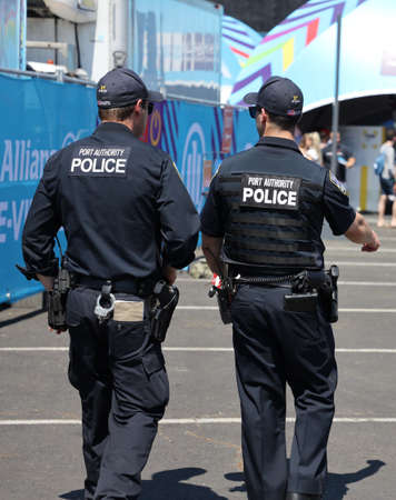 BROOKLYN, NEW YORK - JULY 13, 2019: Port Authority Counter Terrorism Unit officer provides security during public event in Brooklyn, New Yorkのeditorial素材