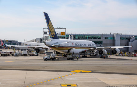 NEW YORK- MARCH 14, 2019: Singapore Airlines plane on tarmac at JFK International Airportのeditorial素材