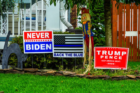 OCEANSIDE, NEW YORK - OCTOBER 20, 2020: Never Biden lawn sign on display in Long Island, New York