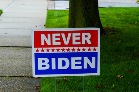 OCEANSIDE, NEW YORK - OCTOBER 20, 2020: Never Biden lawn sign on display in Long Island, New York