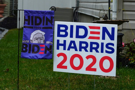 OCEANSIDE, NEW YORK - OCTOBER 20, 2020: Biden Harris lawn sign on display in Long Island, New York