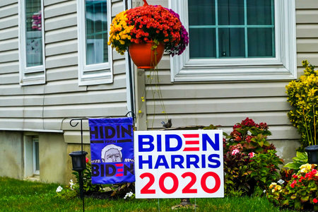 OCEANSIDE, NEW YORK - OCTOBER 20, 2020: Biden Harris lawn sign on display in Long Island, New York