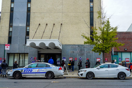 BROOKLYN, NEW YORK - OCTOBER 25, 2020: Long line at the early voting site in Brooklyn, New York