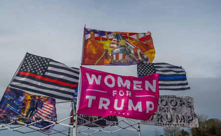 BROOKLYN, NEW YORK - NOVEMBER 1, 2020: Flags in support of President Trump at National Trump Day...