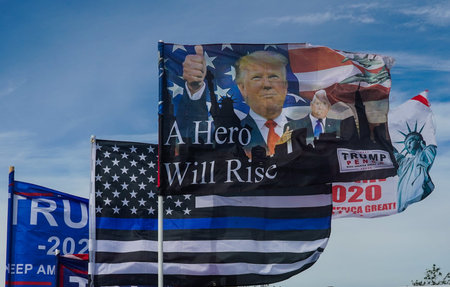 BROOKLYN, NEW YORK - NOVEMBER 1, 2020: Flags in support of President Trump at National Trump Day...