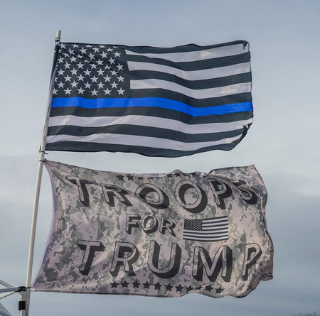 BROOKLYN, NEW YORK - NOVEMBER 1, 2020: Flags in support of President Trump at National Trump Day...