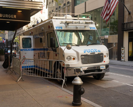 NEW YORK - NOVEMBER 5, 2020: NYPD mobile command post in midtown Manhattan. The NYPD Communications...