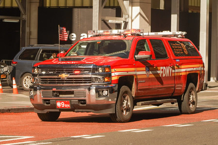 NEW YORK - NOVEMBER 5, 2020: New York City Fire Department Battalion 9 arriving on scene of an...
