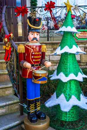 BROOKLYN, NEW YORK - DECEMBER 10, 2020: Christmas house decoration display in the suburban Brooklyn...