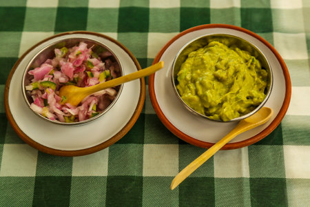 Avocado paste and diced red onion for guacamoleの写真素材