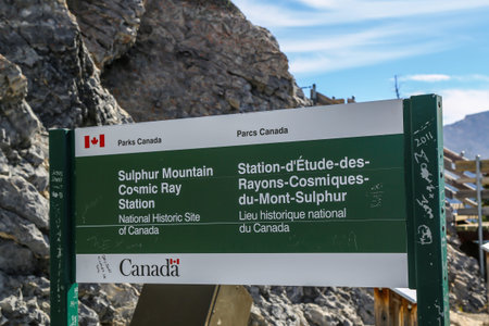 BANFF, CANADA - JULY 28, 2014: Sulphur Mountain Cosmic Ray Station sign in Banff National Park. Banff National Park is Canada's oldest national park, established in 1885 in the Rocky Mountainsのeditorial素材