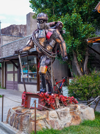 EL CHALTEN, ARGENTINA - FEBRUARY 6, 2020: Statue tribute to the pioneers of Alpinism in a village El Chalten within Los Glaciares National Park in Argentina's Santa Cruz provinceのeditorial素材
