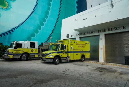 HALLANDALE BEACH, FLORIDA - DECEMBER 30, 2020: Hallandale Beach Fire Rescue Station. Hallandale Beach is a city in Broward County, Floridaのeditorial素材