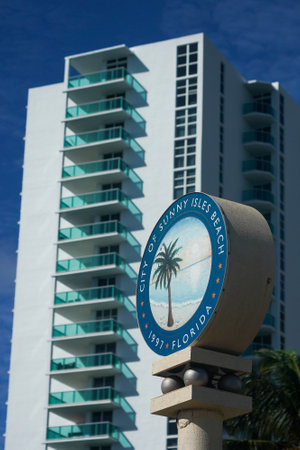 SUNNY ISLES BEACH, FLORIDA - DECEMBER 31, 2020: City of Sunny Isles Beach sign. Sunny Isles Beach is a city located on a barrier island in northeast Miami-Dade County, Florida, United Statesのeditorial素材