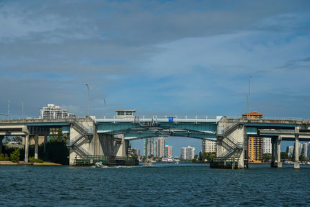 NORTH MIAMI BEACH, FLORIDA - JANUARY 2, 2021: NE 163rd St Intracoastal Waterway Drawbridge in Sunny Isles, Floridaのeditorial素材