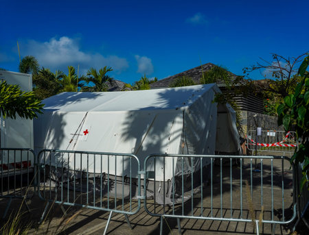 ST BARTS, FRENCH WEST INDIES - FEBRUARY 3, 2021: COVID -19 test site for locals and tourists by French Red Cross on the island of Saint Barthelemy, Caribbean island commonly known as St. Bartsのeditorial素材