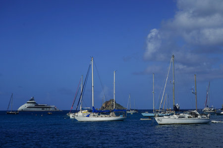 ST BARTS, FRENCH WEST INDIES - FEBRUARY 5, 2021: The 89m Olivia O yacht anchored off Gustavia, the capital of Saint Barthelemy. She is owned by Eyal Ofer, a Monaco based billionaireのeditorial素材