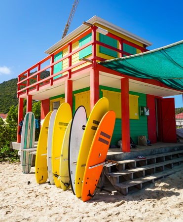ST BARTS, FRENCH WEST INDIES - FEBRUARY 3, 2021: Iconic surf shack at Lorient Beach on the island of Saint Barthelemy, Caribbean island commonly known as St. Bartsのeditorial素材