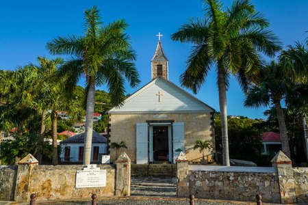 ST BARTS, FRENCH WEST INDIES - FEBRUARY 3, 2021: Giant anchor at Gustavia waterfront at St Barts. The island is popular tourist destination during the winter holiday seasonのeditorial素材