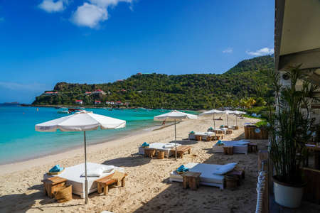 ST BARTS, FRENCH WEST INDIES - FEBRUARY 2, 2021: Nikki Beach Club at the island of Saint Barthelemy, Caribbean island commonly known as St. Bartsのeditorial素材