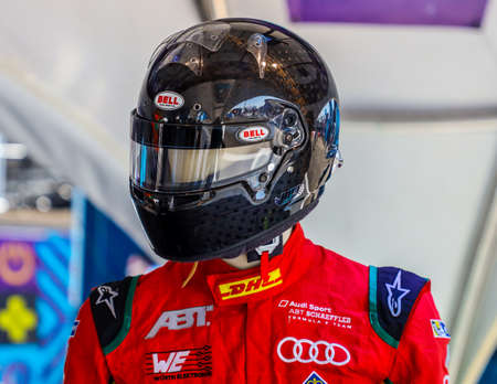 NEW YORK - JULY 13, 2019: Driver's racing helmet on display during 2019 New York City E-Prix at Red Hook in Brooklynのeditorial素材