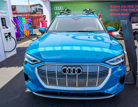 NEW YORK - JULY 13, 2019: The Audi E-tron, an electric SUV car, on display during 2019 New York City E-Prix at Red Hook in Brooklynのeditorial素材
