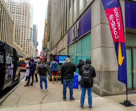 NEW YORK - MARCH 25, 2021: LabQ Diagnostics mobile COVID -19 testing site in midtown Manhattan near...