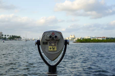 Coin-operated viewing binocular at an overlook with scenic views of the Intracoastal in West Palm Beach, Floridaの写真素材