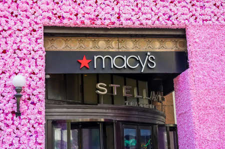 NEW YORK - MAY 2, 2021: Entrance sign at the Macy's Herald Square during famous Macy's Annual Flower Show in midtown Manhattanのeditorial素材