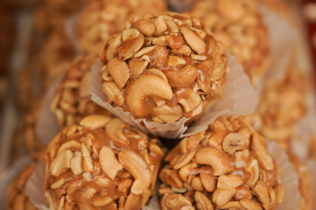 Cashew Caramel Marshmallow Balls old style candiesの写真素材