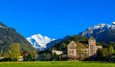 City of Interlaken in Switzerland. Interlaken is a traditional resort town in the mountainous Bernese Oberland region of central Switzerlandのeditorial素材
