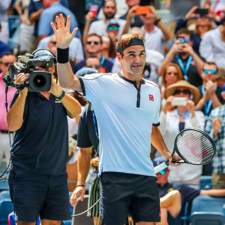 NEW YORK - SEPTEMBER 1, 2019: 20-time Grand Slam champion Roger Federer of Switzerland celebrates victory after his 2019 US Open round of 16 match at National Tennis Center in New Yorkのeditorial素材