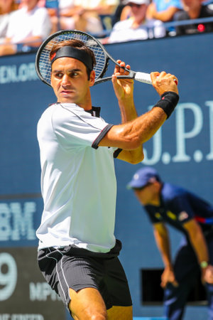 NEW YORK - SEPTEMBER 1, 2019: 20-time Grand Slam champion Roger Federer of Switzerland in action during the 2019 US Open round of 16 match at National Tennis Center in New Yorkのeditorial素材