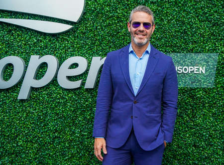 NEW YORK - SEPTEMBER 7, 2019: American radio and television talk show host, producer, and writer Andy Cohen on the blue carpet before 2019 US Open women's final match at National Tennis Center in NYのeditorial素材