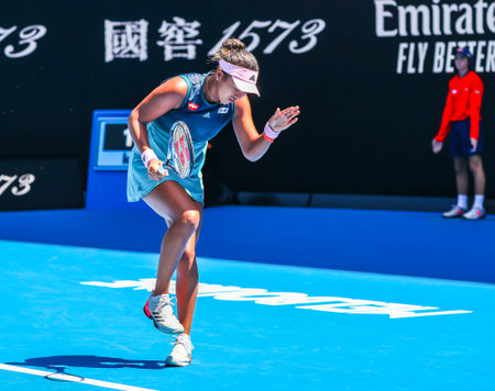 MELBOURNE, AUSTRALIA - JANUARY 22, 2019: Grand Slam champion Naomi Osaka of Japan in action during...